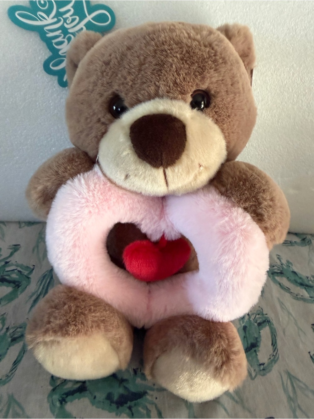 Aurora Plush Brown Teddy Bear Holding Pink Heart Ring with Red Heart